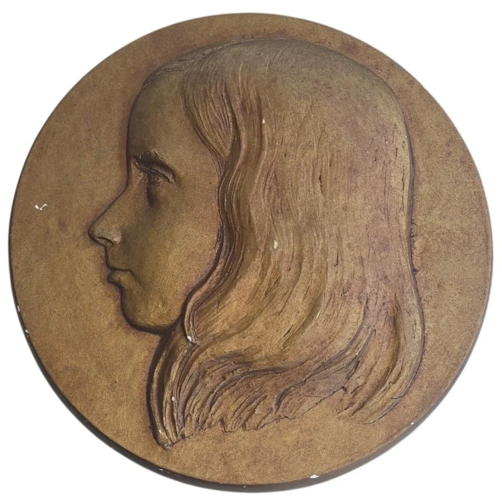 Vintage Art Nouveau Gold Chalkware Woman Profile Round Wall Plaque Relief 9.5 in